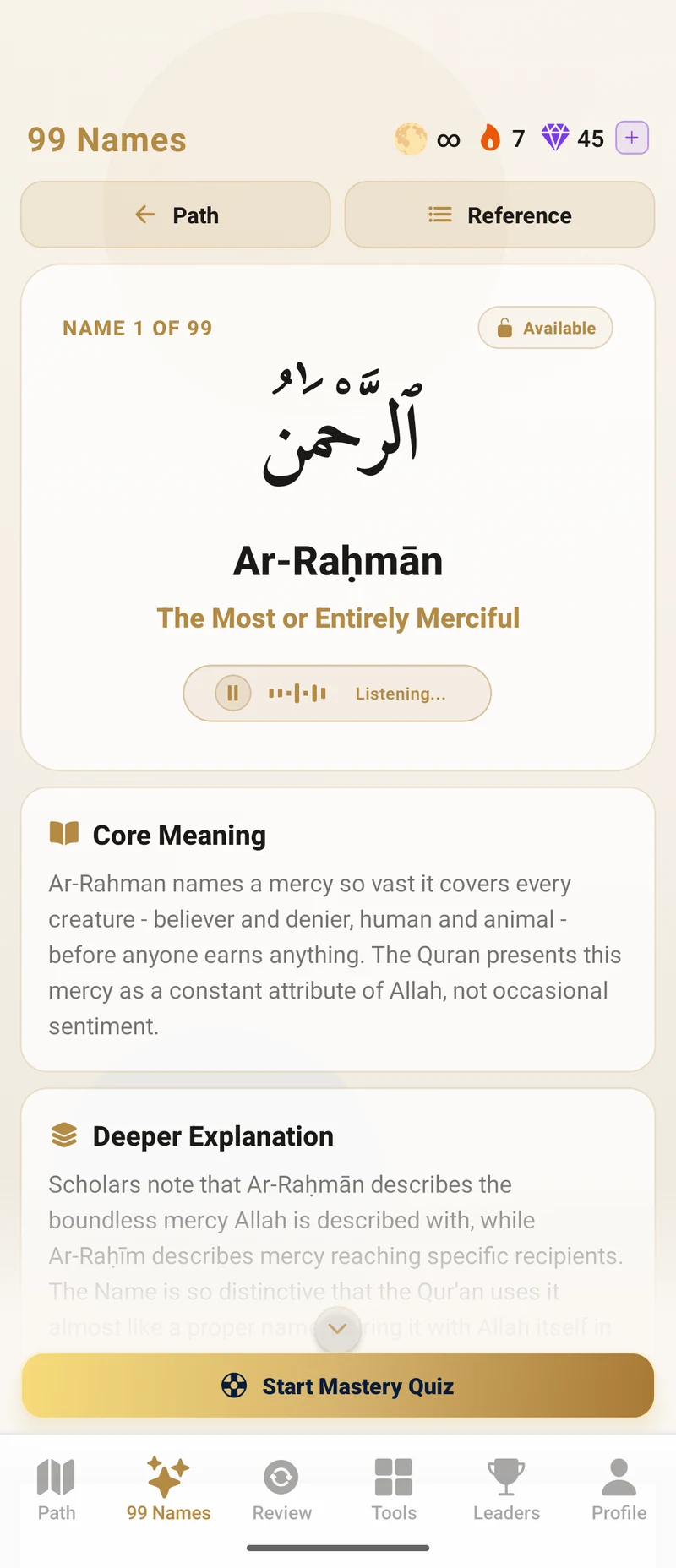 names lesson in QuranFlows, light mode