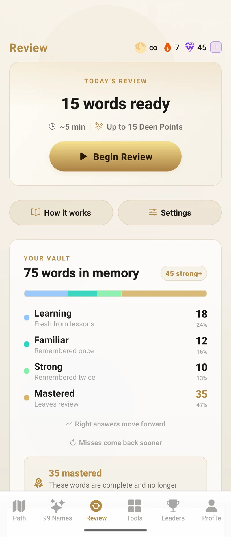 review in QuranFlows, light mode