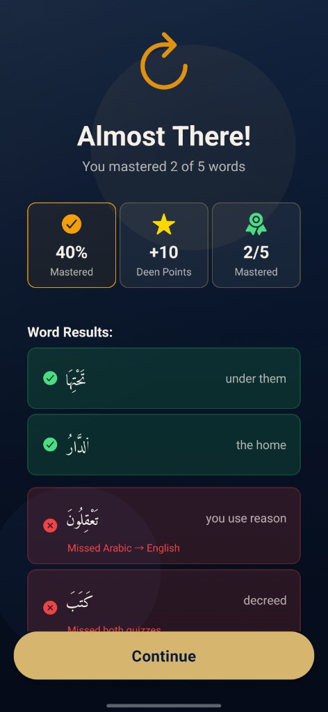 QuranFlows mobile learning screen